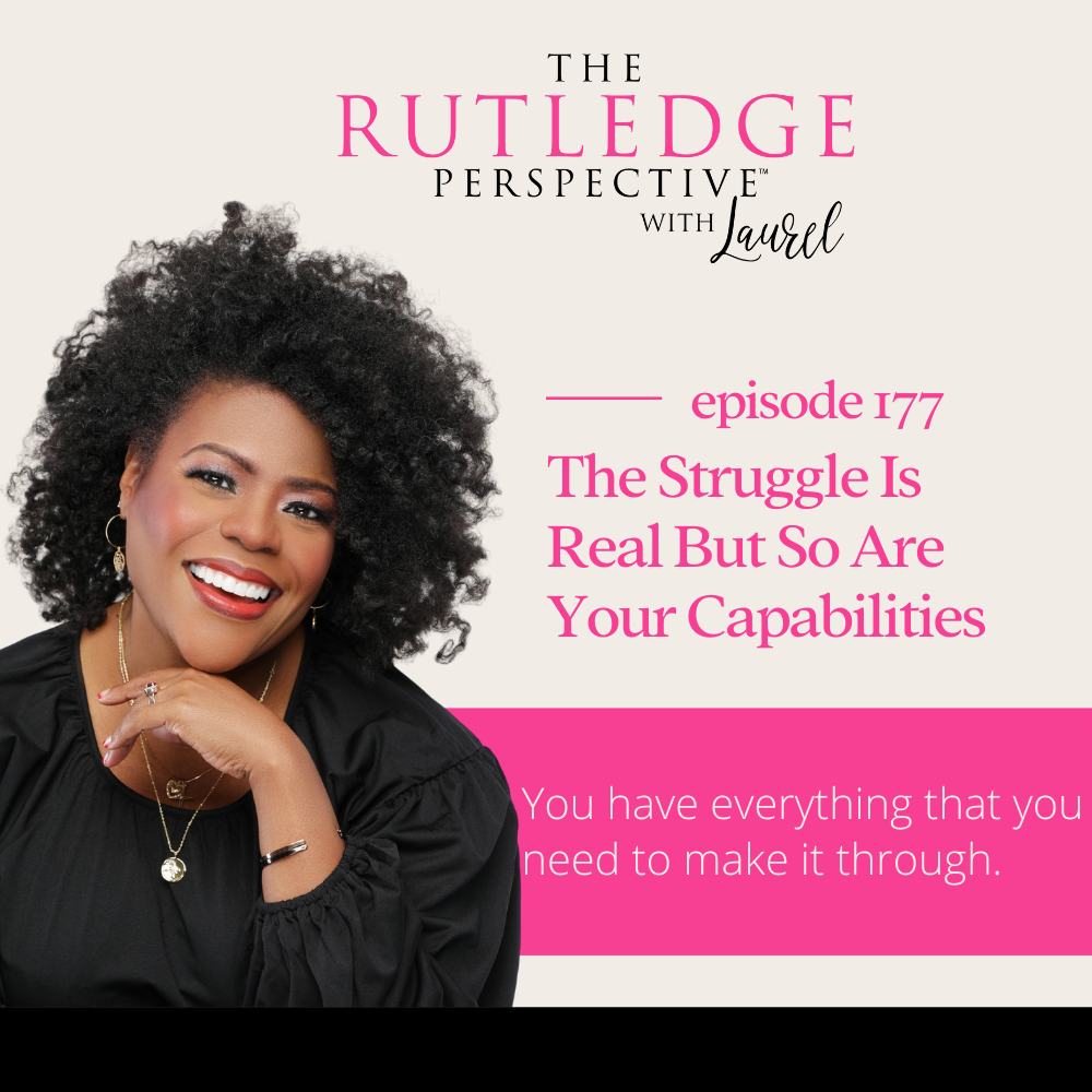 thumbnail for The Ruledge Perspective Podcast - tan with pink and black lettering with a photo of Laurel and the name of the episode.